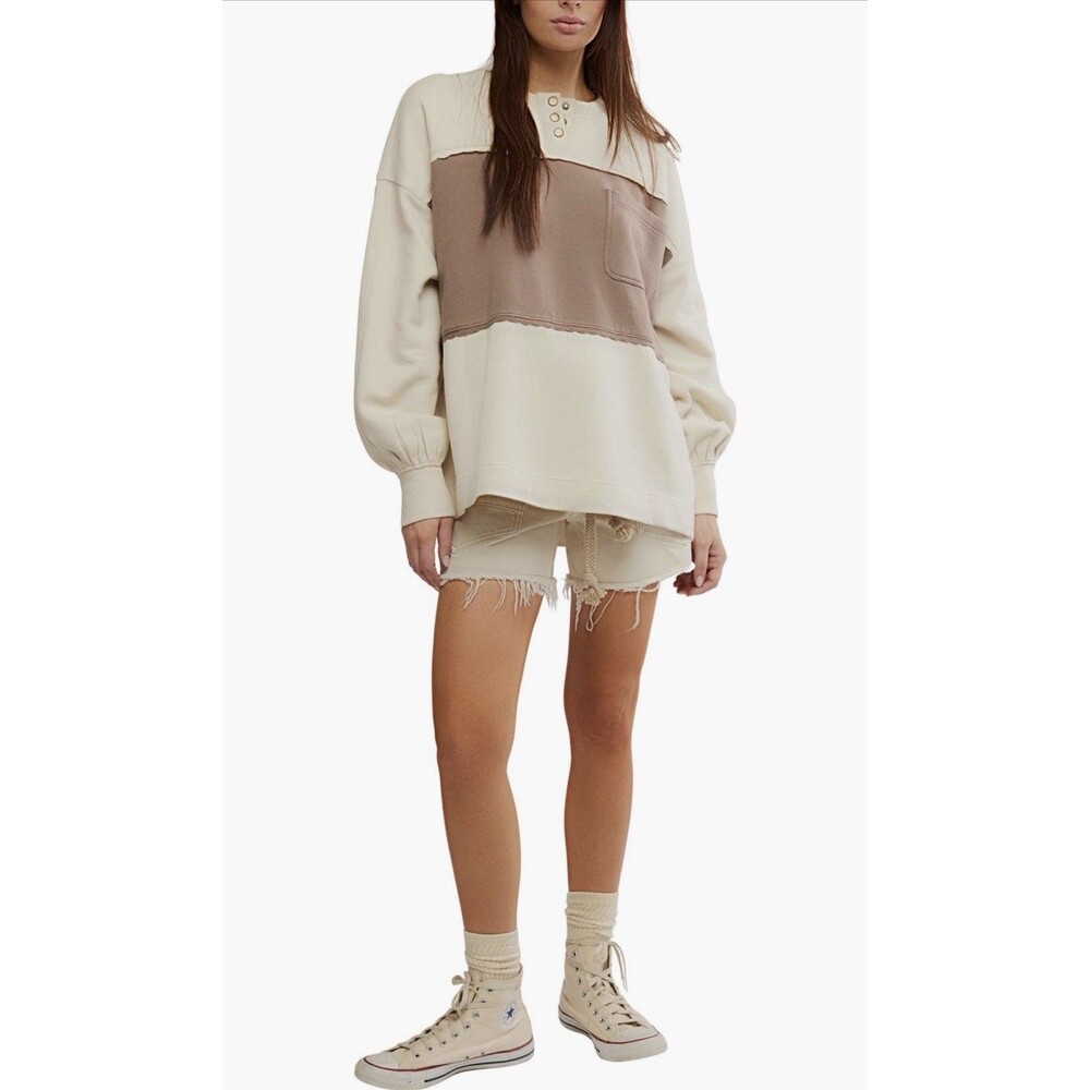 Free People Womens Strawberry Colorblock Oversized Cream Sweatshirt size Small - Picture 4 of 7
